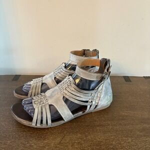 Roan Bed Stu Size 9 Silver Leather Gladiator Sandals Zip Buckle Ankle Strap